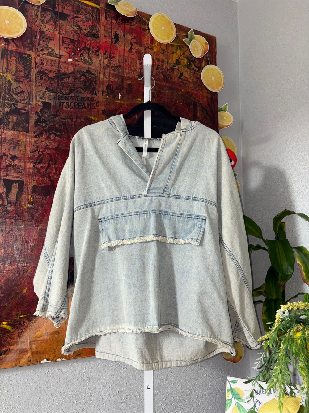 Mur Mur Size S Oversized Light Wash Denim Pullover with Frayed Trim